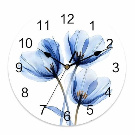 Wall Clock 10 Inch Modern Abstract Tulip Flower Round Silent Decorative Wall Clocks Battery Operated for Living Room Bedroom Kitchen Classroom Decor, Blue,Small