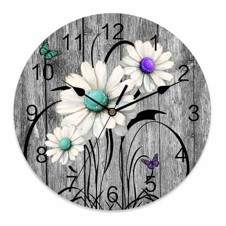 Wall Clock 10 Inch Rustic Daisy Round Silent Decorative Wall Clocks Battery Operated for Living Room Bedroom Kitchen Classroom Decor, Teal Flowers Grey Wood Textured,Small