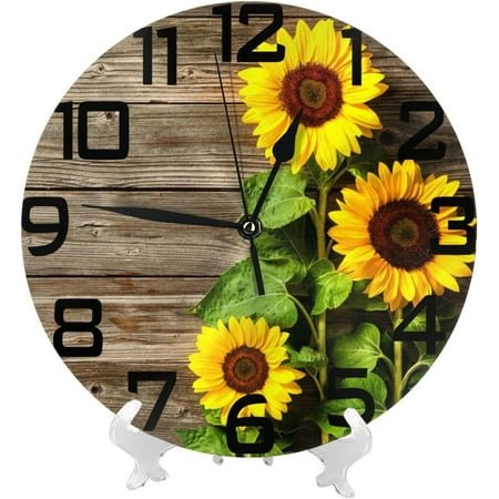 Wall Clock 10 Inch Sunflowers On Wooden Board Arabic Numeral Non Ticking Silent Clock Decorative Easy to Read, for Indoor Living Room Bedroom School Office