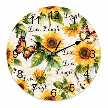 Wall Clock 10 Inch Vintage Sunflower Round Silent Decorative Wall Clocks Battery Operated for Living Room Bedroom Kitchen Classroom Decor, Inspirational Quotes Live Love Laugh,Small