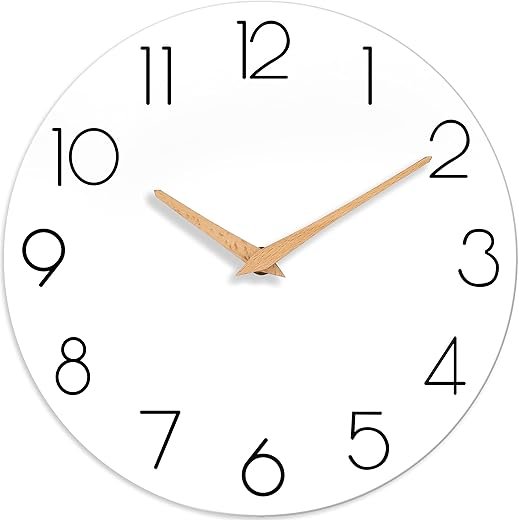 Wall Clock, 10 Inch Wooden Silent Non-Ticking, Decorative Battery Operated Wall Clocks for Bedroom, Kitchen, Home, Living Room, Office, School, Hotel (White)