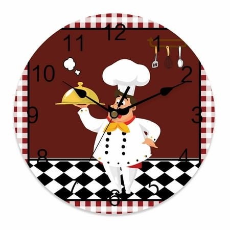 Wall Clock 12 Inch Cartoon Chef Kitchen Round Silent Decorative Wall Clocks Battery Operated for Living Room Bedroom Kitchen Classroom Decor, Gourmet Rustic Farmhouse Red Plaid,Large