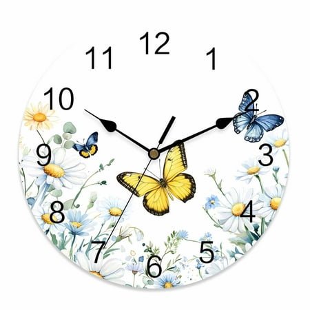 Wall Clock 12 Inch Rustic Summer Round Silent Decorative Wall Clocks Battery Operated for Living Room Bedroom Kitchen Classroom Decor, Daisy Butterfly Yellow Ivory White,Large