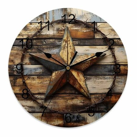 Wall Clock 12 Inch Vintage Farmhouse Barn Star Round Silent Decorative Wall Clocks Battery Operated for Living Room Bedroom Kitchen Classroom Decor, Rustic Wood Textured Striped,Large