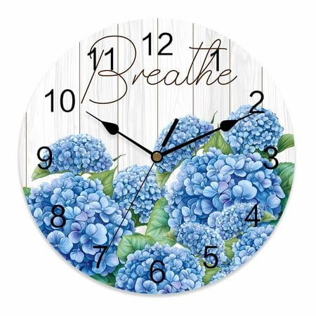 Wall Clock 14 Inch Farmhouse Floral Round Silent Decorative Wall Clocks Battery Operated for Living Room Bedroom Kitchen Classroom Decor, Inspirational Quote Breathe Hydrangeas Blue,Large