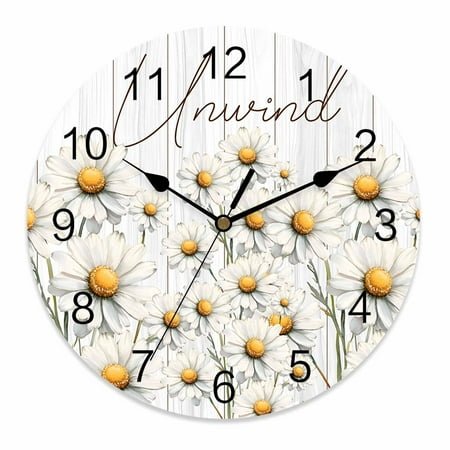 Wall Clock 14 Inch Farmhouse Floral Round Silent Decorative Wall Clocks Battery Operated for Living Room Bedroom Kitchen Classroom Decor, Relax Unwind Sign Daisy Wood Ivory White,Large