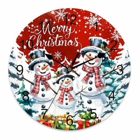 Wall Clock 14 Inch Merry Christmas Snowman Round Silent Decorative Wall Clocks Battery Operated for Living Room Bedroom Kitchen Classroom Decor, Red Snowflake Christmas Tree,Large