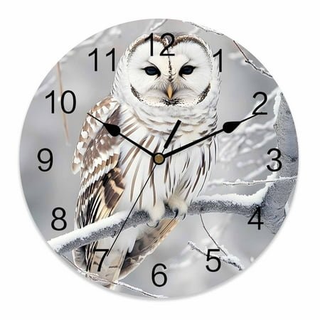Wall Clock 14 Inch Snowy Owl Round Silent Decorative Wall Clocks Battery Operated for Living Room Bedroom Kitchen Classroom Decor, Winter Owl on Tree Branch,Large