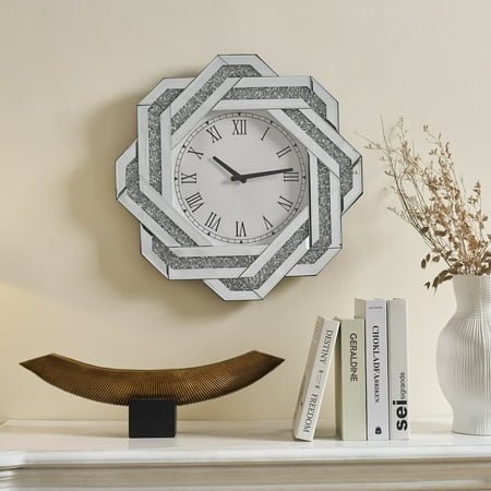 Wall Clock 20 Large Wall Clock, Silver Mirrored Wall Clock with Roman Numerals, Crushed Diamond Mirrored Wall Clock,Elegant Beveled Glass Frame Wall Clocks Decor for Living Room, Bedroom & Dining Ro