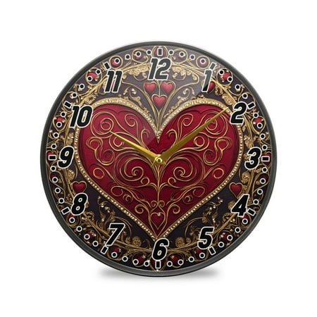 Wall Clock Battery Operated Non-Ticking Silent for Living Room Bedroom Kitchen Office Decor Ornate Red Heart 9.5