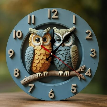 Wall Clock Decorative - Cute Owl Pair A Print 2D Vintage Wall Clocks Battery Operated Silent Non-Ticking for Bedroom, Living Room, Kitchen, Office, Classroom, 10 Inch