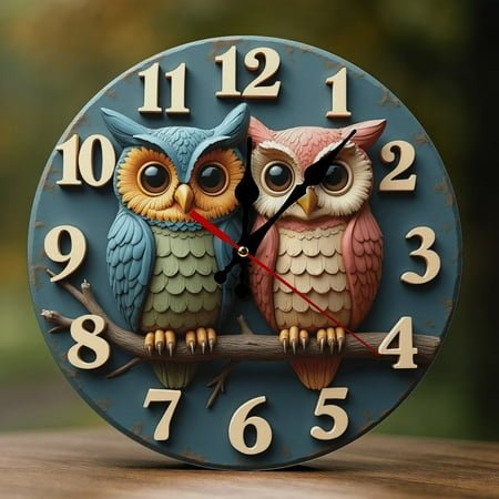 Wall Clock Decorative - Cute Owl Pair Print 2D Vintage Wall Clocks Battery Operated Silent Non-Ticking for Bedroom, Living Room, Kitchen, Office, Classroom, 10 Inch