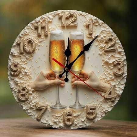 Wall Clock Decorative - Elegant Gold Champagne Toast Print 2D Vintage Wall Clocks Battery Operated Silent Non-Ticking for Bedroom, Living Room, Kitchen, Office, Classroom, 10 Inch
