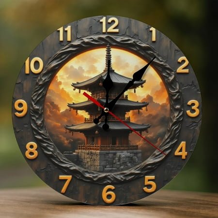 Wall Clock Decorative - Oriental Pagoda Glow Print 2D Vintage Wall Clocks Battery Operated Silent Non-Ticking for Bedroom, Living Room, Kitchen, Office, Classroom, 10 Inch
