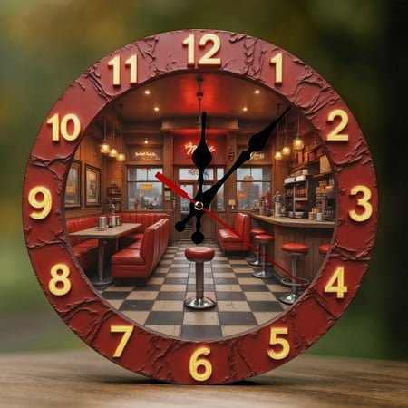Wall Clock Decorative - Retro Red Diner Print 2D Vintage Wall Clocks Battery Operated Silent Non-Ticking for Bedroom, Living Room, Kitchen, Office, Classroom, 10 Inch