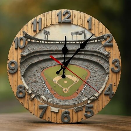 Wall Clock Decorative - Rustic Baseball Stadium Print 2D Vintage Wall Clocks Battery Operated Silent Non-Ticking for Bedroom, Living Room, Kitchen, Office, Classroom, 10 Inch