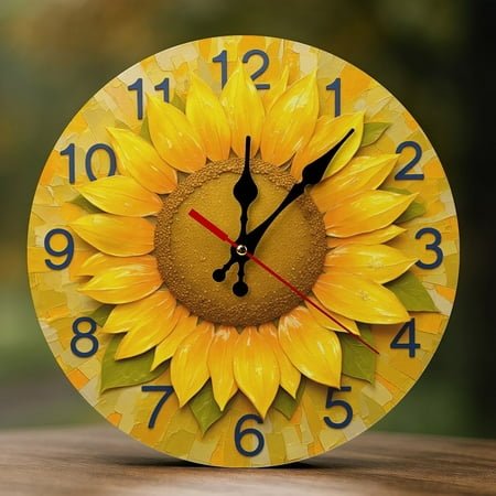 Wall Clock Decorative - Yellow Sunflower Print 2D Vintage Wall Clocks Battery Operated Silent Non-Ticking for Bedroom, Living Room, Kitchen, Office, Classroom, 10 Inch
