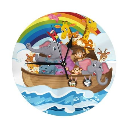 Wall Clock, Rainbow Animals Noah's Ark Wall Clocks Battery Operated Silent Kitchen Office Wall Clock Decorative, Wall Clock for School Classroom Living Room Bedroom Home Decor