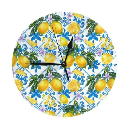 Wall Clock, Sicilian lemons yellow Moroccan style Wall Clocks Battery Operated Silent Kitchen Office Wall Clock Decorative, Wall Clock for School Classroom Living Room Bedroom Home Decor