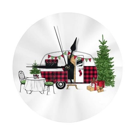 Wall Clock, Vintage Buffalo Plaid Christmas Camper Wall Clocks Battery Operated Silent Kitchen Office Wall Clock Decorative, Wall Clock for School Classroom Living Room Bedroom Home Decor