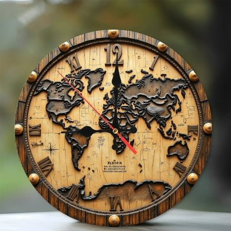 Wall Clock World Map Art Wooden Design 10-Inch Silent Wooden Wall Clock, Battery Operated (AA Batteries Not Included), Artistic Home Decor