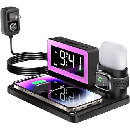 Wanhoo Wireless Fast Charging Station - 7 in 1 Alarm Clock with Wireless Charger Stand - Charging Dock for Apple/Samsung Galaxy Multiple Devices - for iPhone Watch and Airpods (Black)
