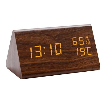 WE-POLUJ Digital Clock Wood Triangular Led Alarm Clock Table Humidity Temperature for Home Bedroom Office Desktop Decor Gift Supplies