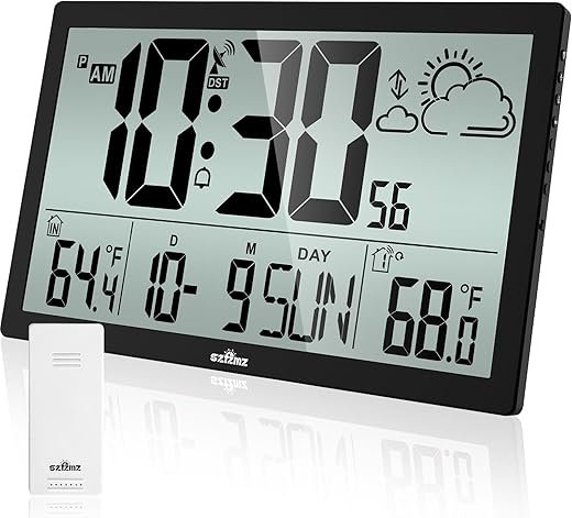 Weather Clock with Atomic Clock Indoor Outdoor Thermometer, 14.6 Large Atomic Wall Clock Battery Operated, Never Needs Setting! Wireless Outdoor Sensor, Auto DST, Wall Clock for Office/Home/School