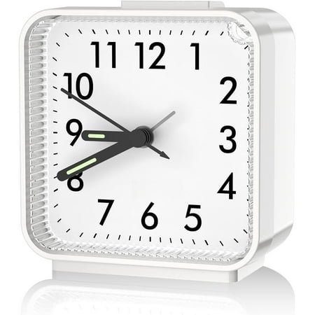 White Analog Silent Alarm Clock - Non-Ticking, Small Size, Travel-Friendly & Loud Ascending Beep