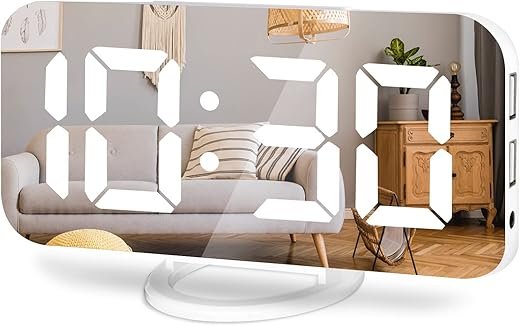 White Digital Alarm Clock for Bedrooms, Large LED Mirror Despertador Digital Clocks, Nightstand Bedside Desk Table Clocks for Bedroom Office Living Room, USB Powered