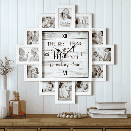 White Multi Photo Collage Wall Clock Modern Farmhouse Decor - 12 Picture Frames, Memories 20x20