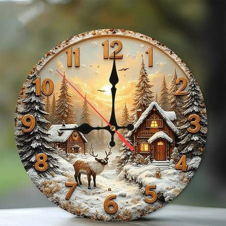 Winter Wonderland Reindeer Cabin Clock Wall Decor 10-Inch Silent Wooden Wall Clock, Battery Operated (AA Batteries Not Included), Artistic Home Decor