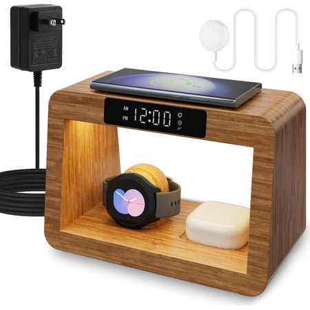 Wireless Charger Station for Samsung with Digital Alarm Clock, Fast Wireless Charging Station with LED Night Llight for Samsung&Android Phone, Wireless Phone Charger Station Only for Samsung Watch