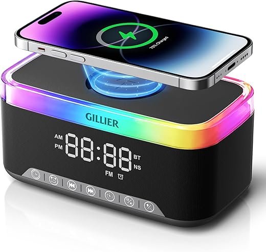 Wireless Charging Alarm Clock Radio for Bedrooms – 15W Fast Wireless Charger for iPhone/Samsung-Stereo Bluetooth Speaker with FM Radio, Dimmable Display, USB Port, Sleep Timer, Gifts for Christmas