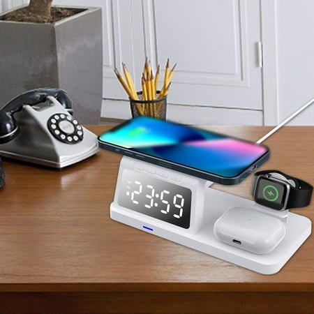 Wireless Charging Station with Digital Alarm Clock 15W Fast Wireless Charger Stand for Multiple Devices Compatible with and Android Phones Multifunctional Charging Dock