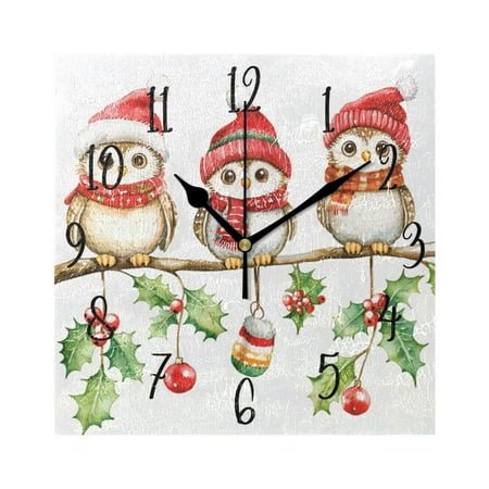WOBOGO Cute Owls Sitting on The Tree Wall Clock 7.78 Inch Battery Operated Silent Unit Square Rustic Vintage Style for Home Bedroom Office Black Pointer