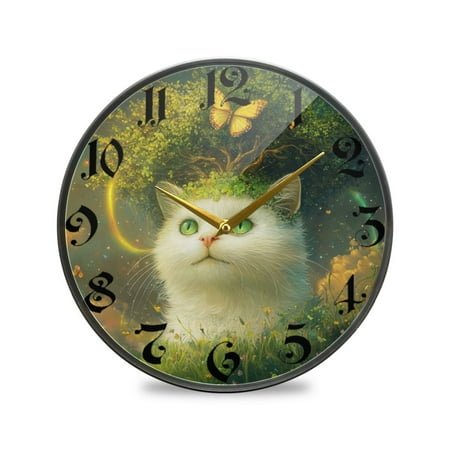 WOBOGO Forest White Cat Acrylic Wall Clock Battery Operated 11.9in Silent No Tick Bedroom Living Room Office Classroom Decoration
