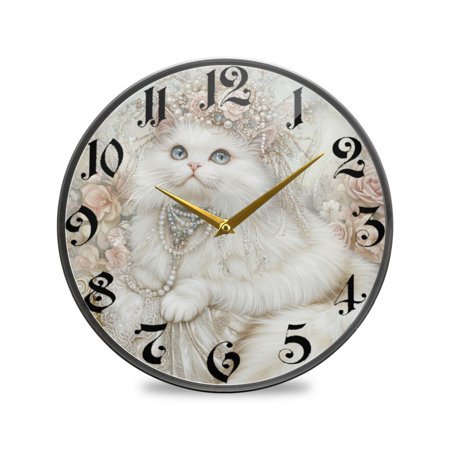WOBOGO Gorgeous White Cat Acrylic Wall Clock Battery Operated 9.5in Silent No Tick Bedroom Living Room Office Classroom Decoration