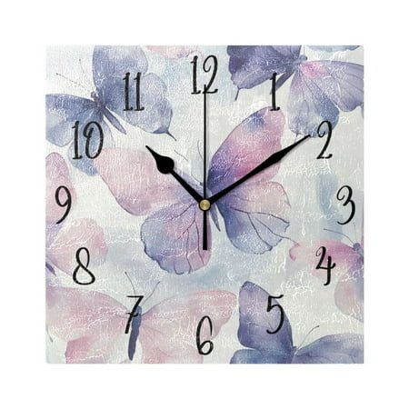 WOBOGO Purple Butterfly Wall Clock 7.78 Inch Battery Operated Silent Unit Square Rustic Vintage Style for Home Bedroom Office Black Pointer
