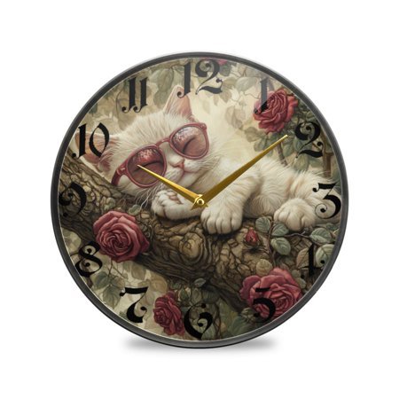 WOBOGO Red Rose Cat Acrylic Wall Clock Battery Operated 11.9in Silent No Tick Bedroom Living Room Office Classroom Decoration