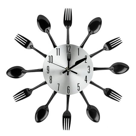 Wobythan Stainless Steel Cutlery Clock Knife and Fork Spoon Wall Clock Kitchen Decoration Black