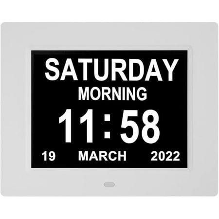 wonima99 Dementia Clock for Seniors - 8 Inch Extra Large Display Digital Day & Date Clock with 5 Alarms + 3 Medication Reminders, Auto-Dimmable - White Wall Clock for Elderly Bedroom