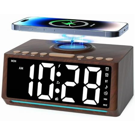 Wooden Alarm Clock Radio with Large Numbers, Bluetooth Speaker, 10W Wireless Charger, Dimmer, 7 Light Settings & 10 Natural Sounds, Bedside FM Radio for Bedroom Décor