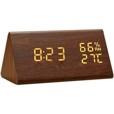 Wooden Alarm Clock,（White Light） Wooden LED Digital Alarm Clock, Wooden Digital Desk Clock with, Time and Temperature, Sound Control, and Adjustable Brightness