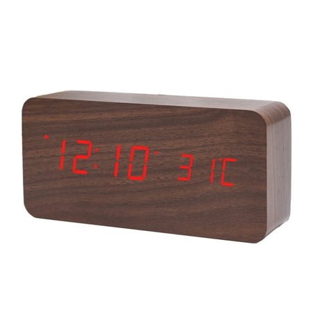 Wooden Digital Alarm Clock, Bamboo Wood Red Light - brown