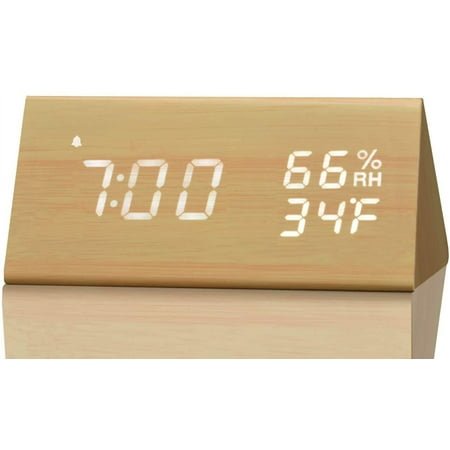 Wooden Digital Alarm Clock Triangle Electronic LED Time Display with Humidity & Temperature 3 Alarm Setting Adjustable Brightness Wood Made Voice Control Desk Clock for Bedroom Bedside Gift for Frien