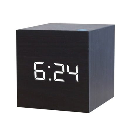 Wooden Square Digital LED USB Desk Alarm Clock Table Voice Control Decoration