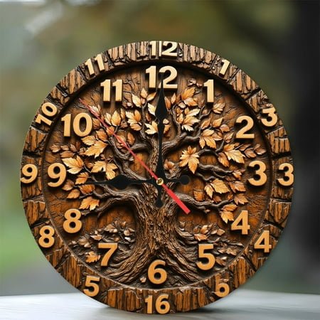 Wooden Tree of Life Wall Clock Carved Handcrafted 10-Inch Silent Wooden Wall Clock, Battery Operated (AA Batteries Not Included), Artistic Home Decor