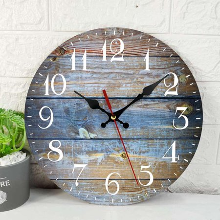 Wooden Wall Clock Silent Non-Ticking, Wood Old Retro Vintage Wooden Round Rustic Coastal Wall Clocks Decor for Home Kitchen Living Room Office, Battery Operated(12 Inch)