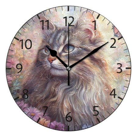 YAZAOO Decorative Wall Clock Size：25cm Cat in Flower Field Design Pattern Clock